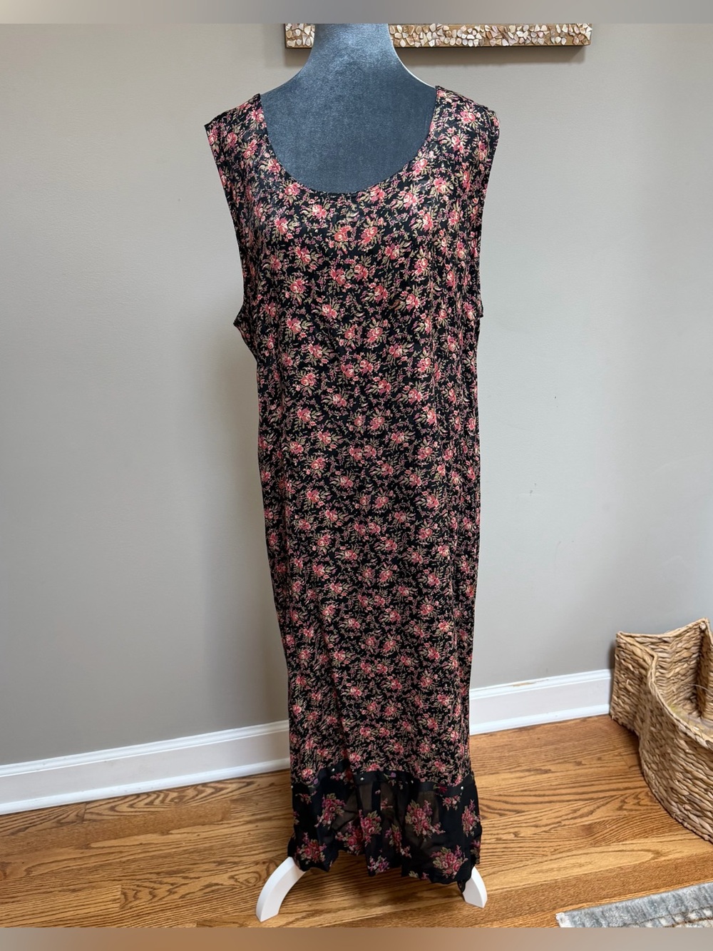 Vintage April Too! Black floral sleeveless slip maxi dress pink embroidery